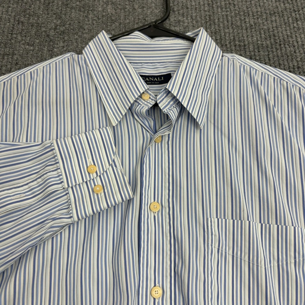 Canali Button Up Shirt Mens XXL Blue Striped Cotton Blend Designer Luxury Style